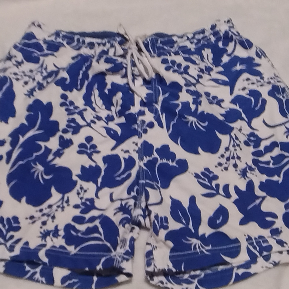Blue and White Athletic Shorts with Floral Design